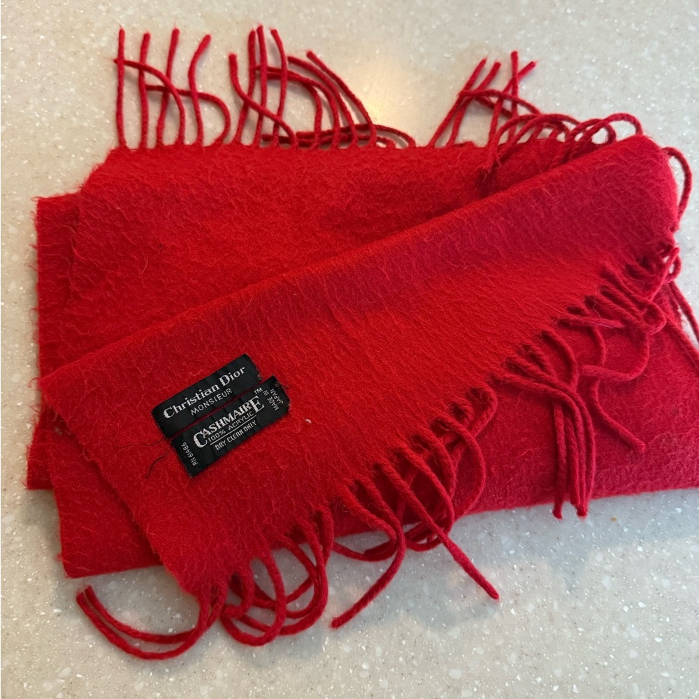 Dior Red Cashmere Scarf with Fringe Detailing